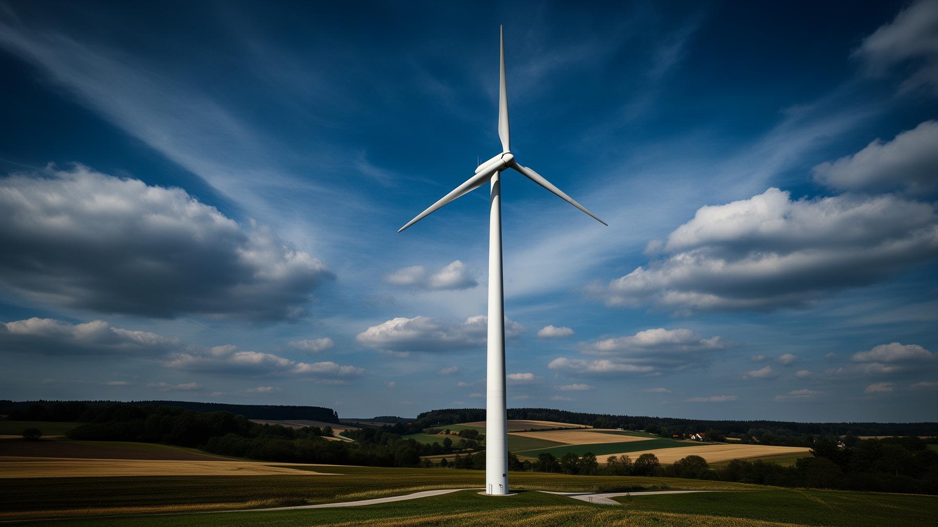 Moderne Windkraftanlage vor blauem Himmel